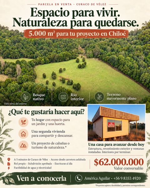 Parcela de 5.000 m² con casa en construcción, bosque nativo y río interior en Curaco de Vélez, Chiloé